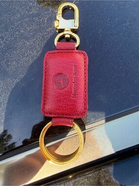 Mercedes Red Leather Key Fob with Gold Hardware